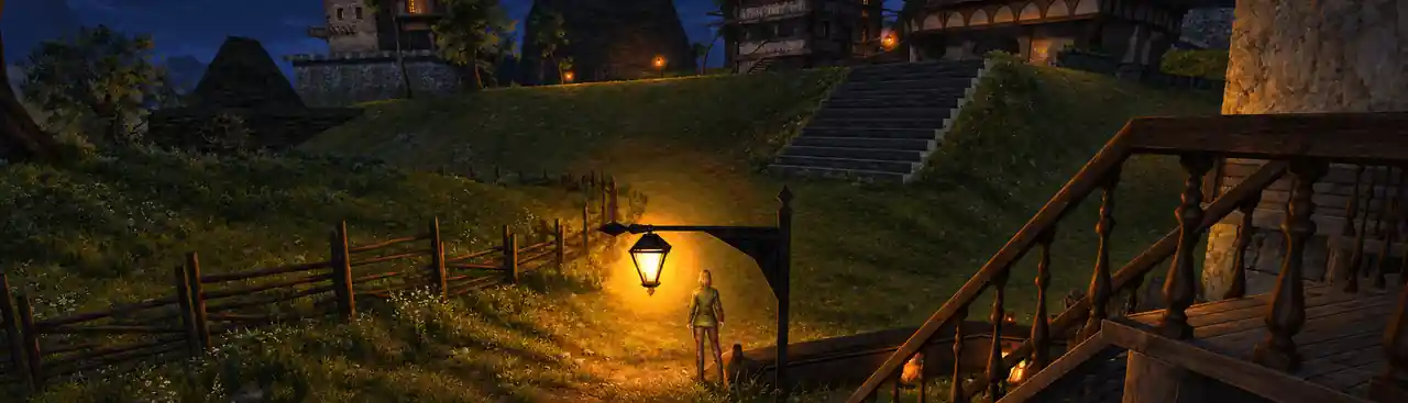Painting of a lantern lighting a hillside town at night, from an in-game capture